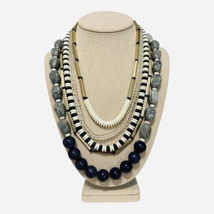 Loft Modern Beaded 5 Strand Boho Necklace Neutral Blue White Gold tone